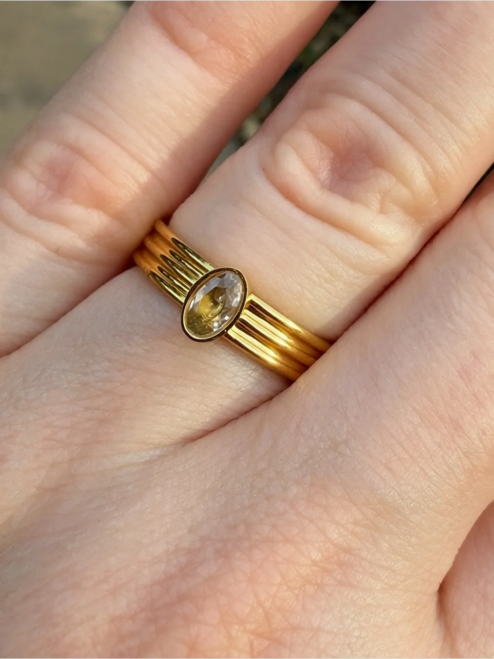 Modern Waterproof Gold Ribbed Oval Stone Ring | Size 6